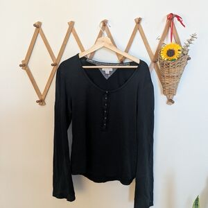 Black Long Sleeve Henley Top - Women